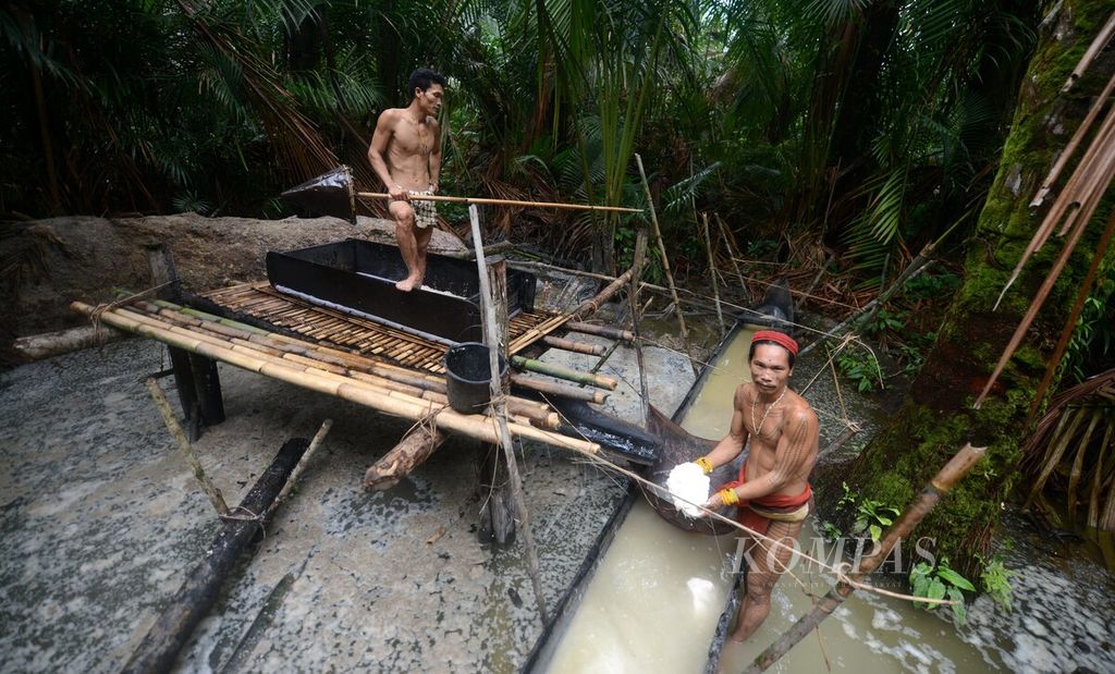 Warga suku Mentawai mengolah serutan batang pohon sagu untuk dijadikan tepung sagu di Dusun Butui, Desa Madobag, Kecamatan Siberut Selatan, Kabupaten Kepulauan Mentawai, Kamis (28/7/2022). Sagu menjadi makanan pokok suku Mentawai. 