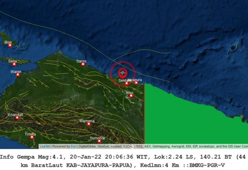 Infografis gempa bermagnitudo 4,1 di Kabupaten Jayapura pada Kamis (20/1/2022).