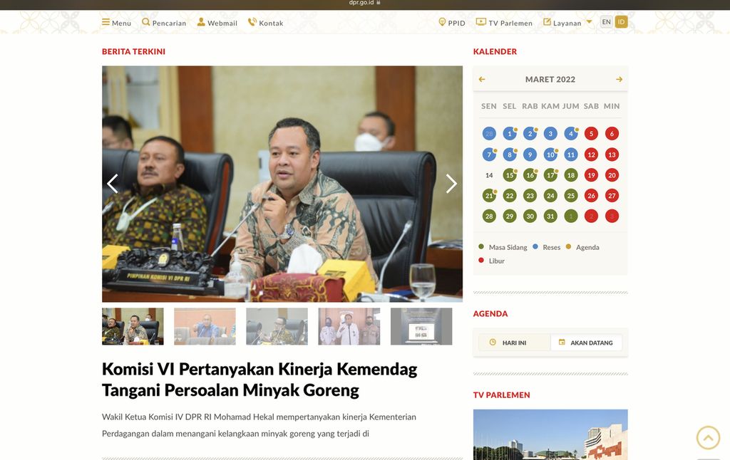 Tampilan laman website resmi Dewan Perwakilan Rakyat di www.dpr.go.id