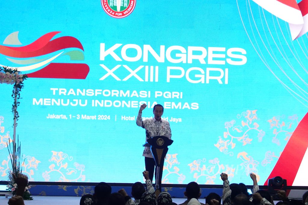 Presiden Joko Widodo memberikan sambutan pada Pembukaan Kongres XXIII Persatuan Guru Republik Indonesi Tahun 2024 di Jakarta, Sabtu (2/3/2024). Presiden menegaskan agar perundungan serta kekerasan tak lagi terjadi di sekolah.