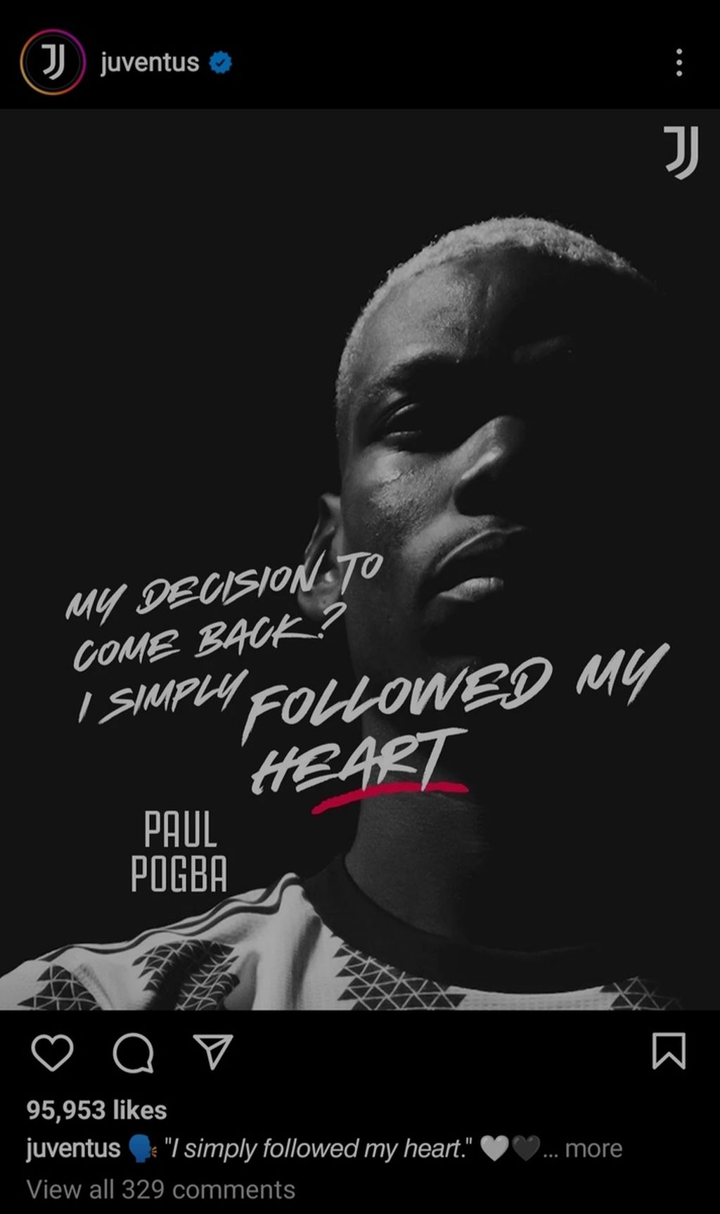 Pengenalan Paul Pogba di akun resmi Juventus di Instagram, 12 Juli 2022 lalu. Unggahan mengenai pemain baru Juve yang didatangkan bebas transfer dari Manchester United itu mengundang 98.953 "likes" dan 329 komentar.