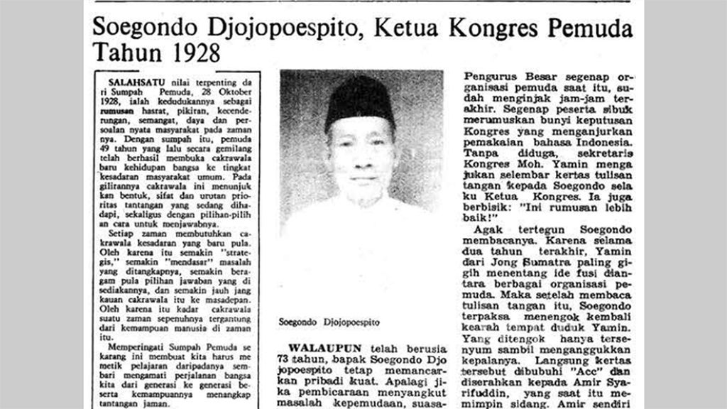 Artikel “Soegondo Djojopoespito, Ketua Kongres Pemuda Tahun 1928” yang dimuat di Kompas, Selasa, 1 November 1977, hlm. 1.
