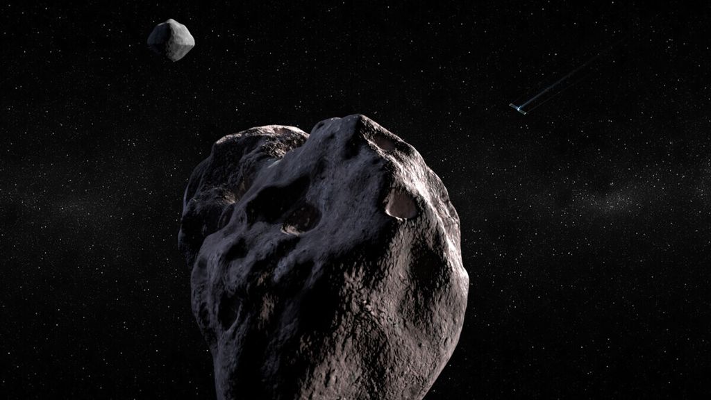 Ilustrasi asteroid ganda Didymos. Pada sisi muka adalah asteroid yang lebih kecil (<i>moonlet</i>) yang bergerak mengitari asteroid lebih besar (sisi belakang).