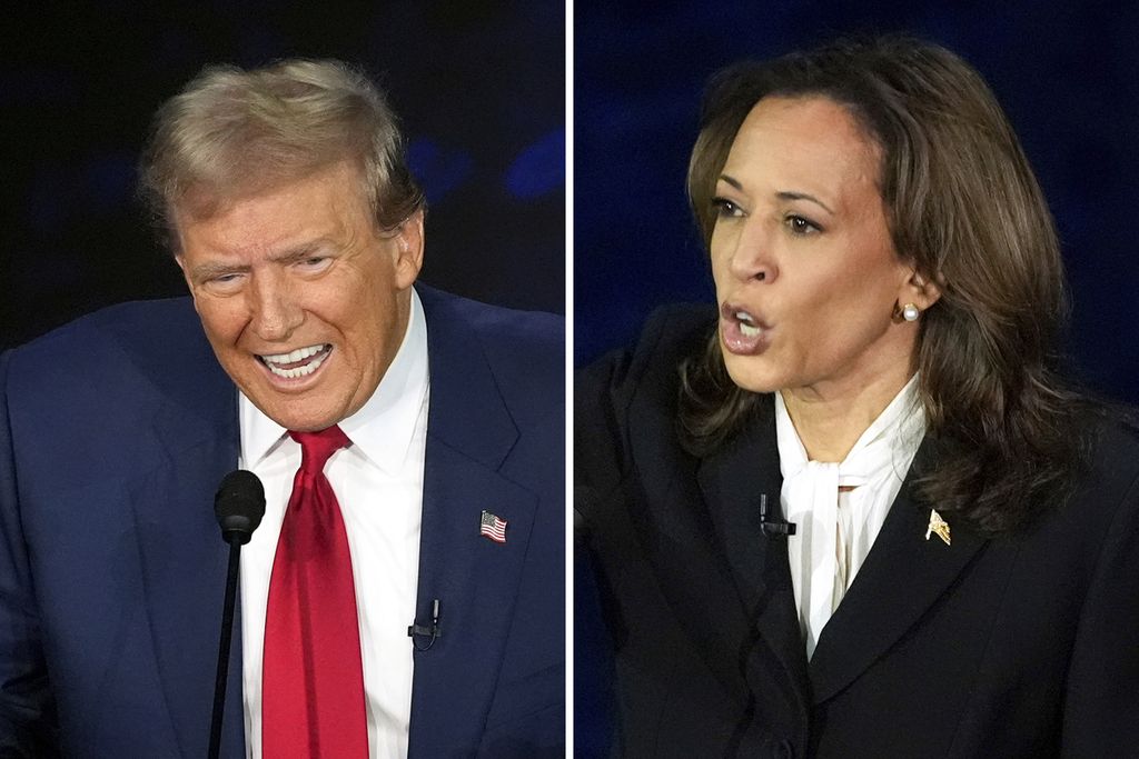 Calon presiden Amerika Serikat dari Partai Republik, Donald Trump (kiri), dan dari Partai Republik, Kamala Harris, dalam debat yang ditayangkan oleh ABC, 10 September 2024. 