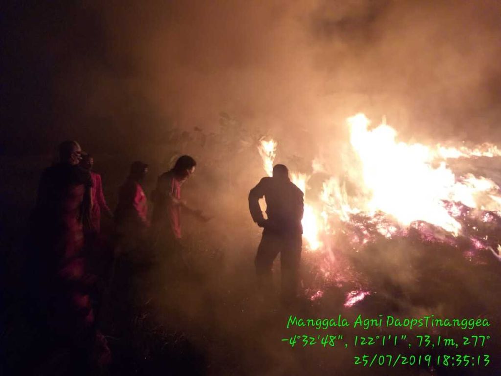 Tim dari Manggala Agni Sulawesi Tenggara berusaha memadamkan api di Taman Nasional Rawa Aopa Watumohai, Kabupaten Bombana, Kamis (25/7/2019). 