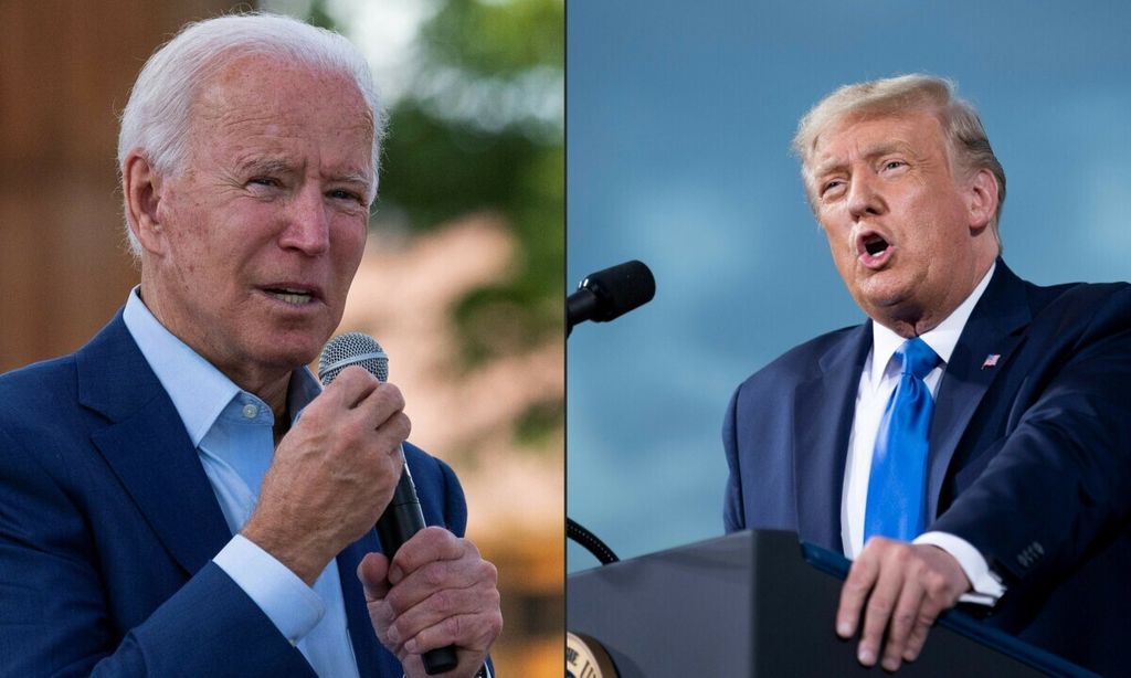 Foto gabungan Presiden Amerika Serikat 2021-2025 Joe Biden dari Partai Demokrat (kiri) dan Presiden AS 2017-2021 dari Partai Republik Donald Trump.    