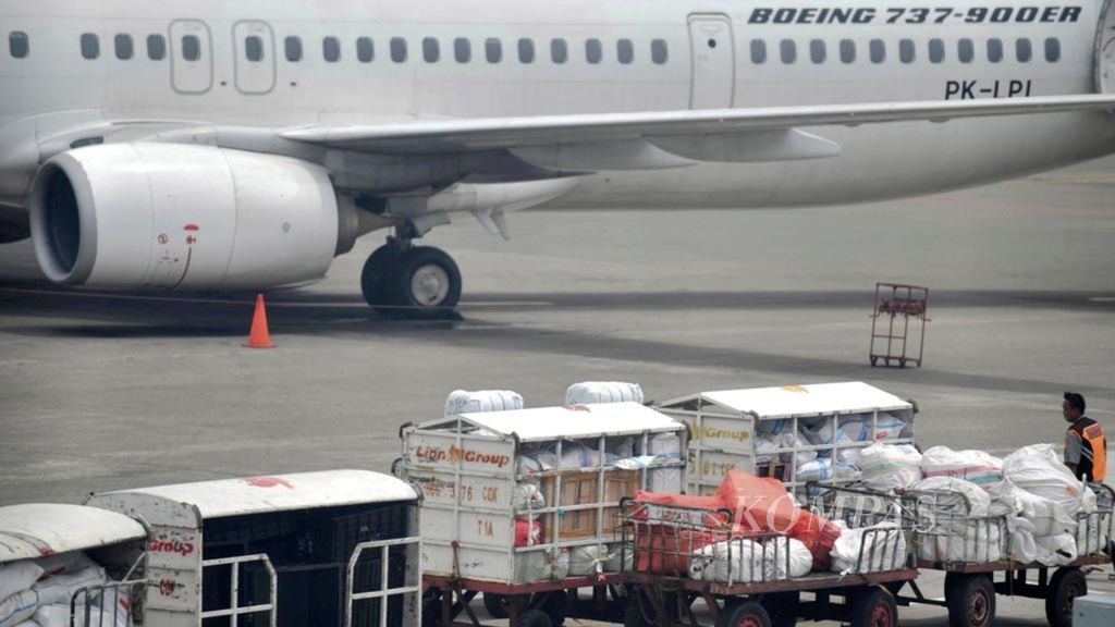 Petugas menyiapkan kargo yang akan diangkut pesawat di terminal keberangkatan domestik Bandara Internasional Soekarno-Hatta, Tangerang, Banten, Minggu (13/1/2019). 