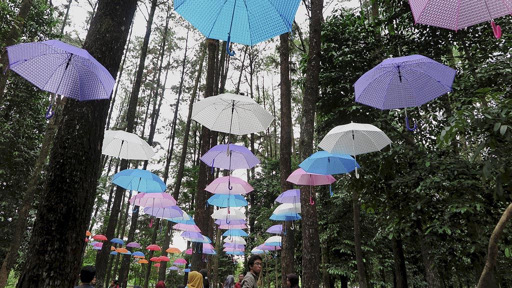 Deretan instalasi payung memberi sentuhan estetis di Hutan Pinus Mentaos. 