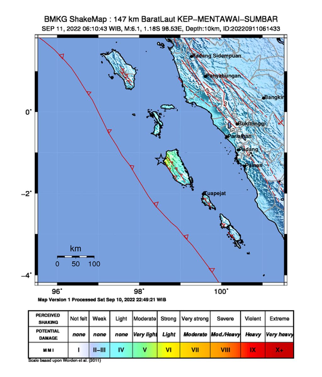 Peta gempa bumi bermagnitudo 6,1 di sekitar Pulau Siberut, Kepulauan Mentawai, Sumatera Barat, Minggu (11/9/2022) pukul 06.10.