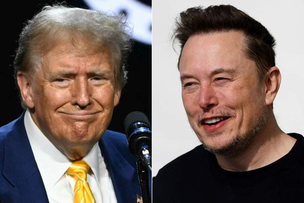 Gabungan foto yang dibuat, Senin (12/8/2024), ini memperlihatkan mantan Presiden AS dan calon presiden dari Partai Republik, Donald Trump (kiri), dan CEO Tesla, Elon Musk. Musk mewawancarai Trump melalui platform Twitter, Senin (12/8/2024) waktu AS atau Selasa waktu Indonesia.  