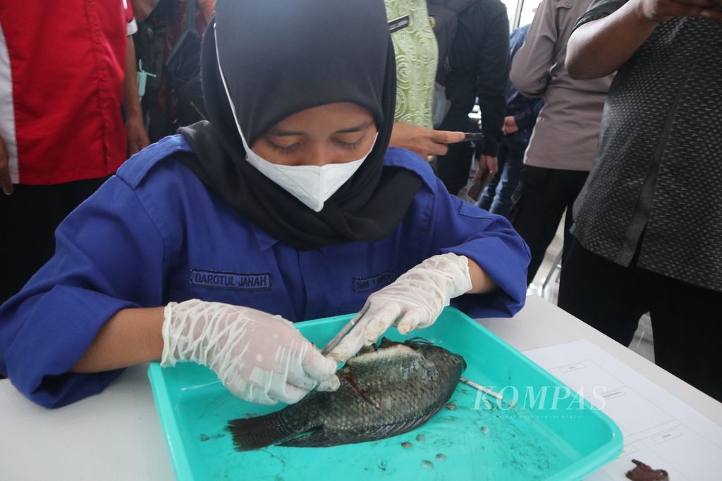Siswa meneliti bagian tubuh ikan di Ruang Praktik Siswa (RPS) SMKN 1 Mundu di Gunung Jati, Kabupaten Cirebon, Jawa Barat, Jumat (4/2/2022). RPS tersebut dapat menjadi tempat pembuatan akuarium hingga penelitian ikan dan kandungan air.