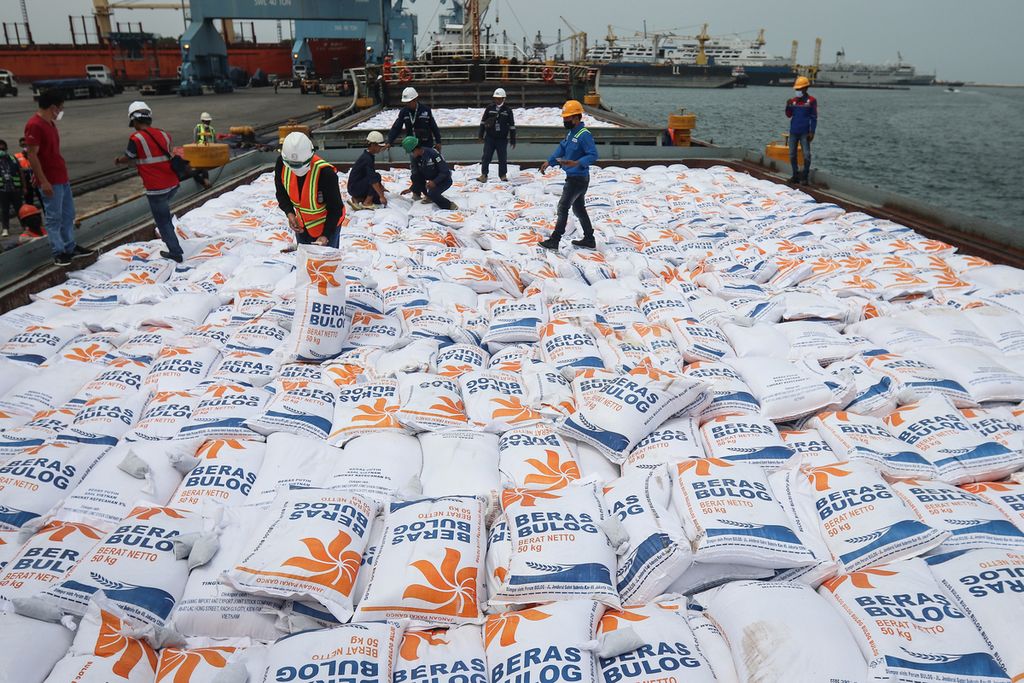 Para pekerja menata beras impor dari Vietnam di Pelabuhan Tanjung Priok, Jakarta Utara, Jumat (16/12/2022). Perum Bulog mendatangkan beras sebanyak 10.000 ton dari Vietnam tersebut untuk menambah cadangan beras pemerintah dan menstabilkan harga beras di dalam negeri.