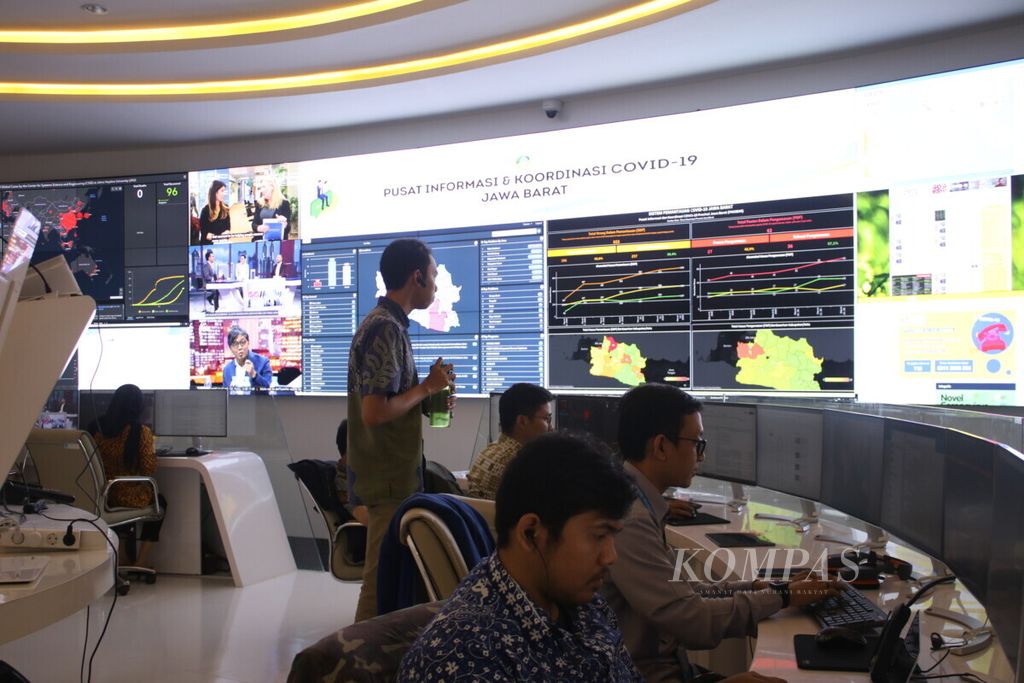 Petugas Pusat Informasi dan Koordinasi Covid-19 Jawa Barat (Pikobar) mengamati perkembangan Covid-19 di Jabar, Kamis (12/3/2020).