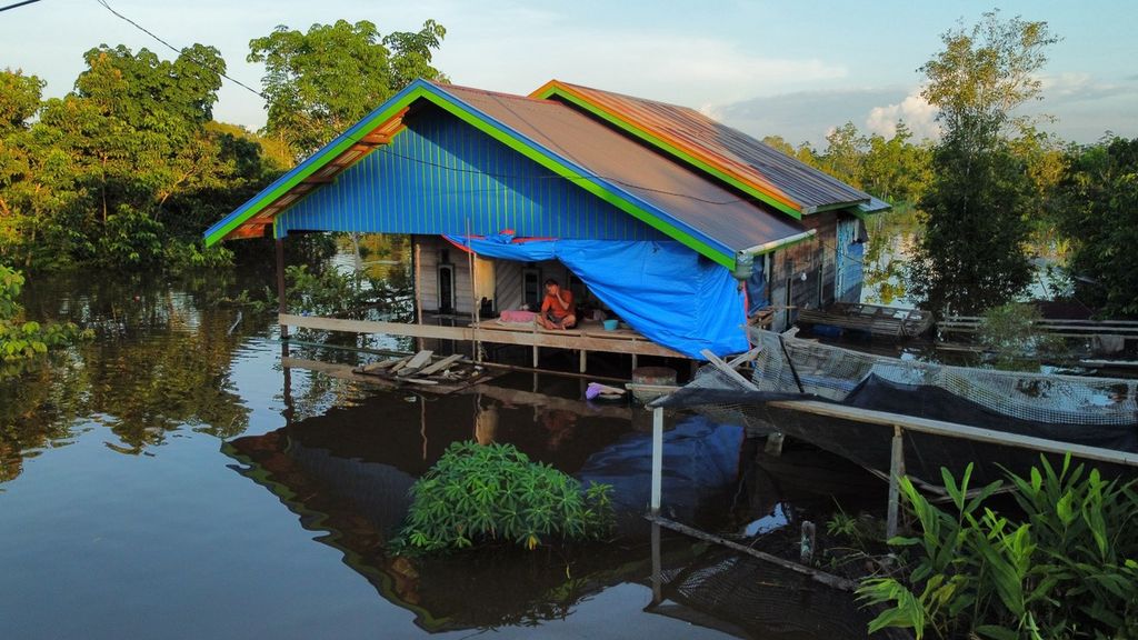 Warga yang terdampak banjir membuat panggung di rumahnya sebagai bentuk siasat menghadapi banjir di Desa Danau Usung di Kecamatan Murung, Kabupaten Murung Raya, Kalimantan Tengah, Selasa (22/10/2024).