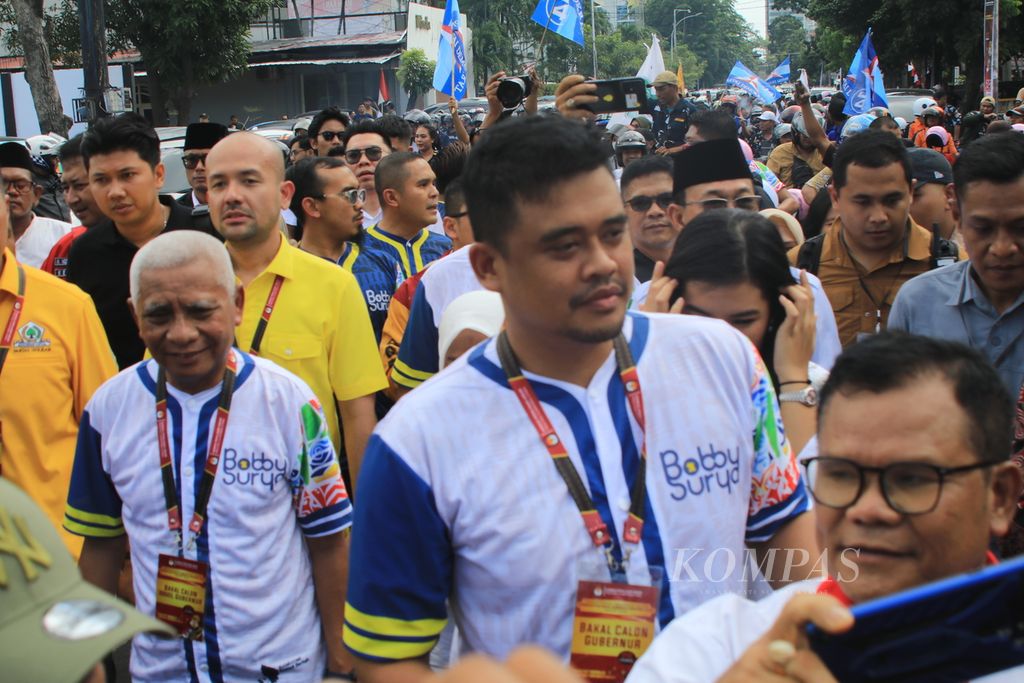 Bobby Afif Nasution dan Surya mendaftar sebagai bakal calon gubernur dan wakil gubernur Sumatera Utara ke Komisi Pemilihan Umum Provinsi Sumatera Utara, di Medan, Rabu (28/8/2024).