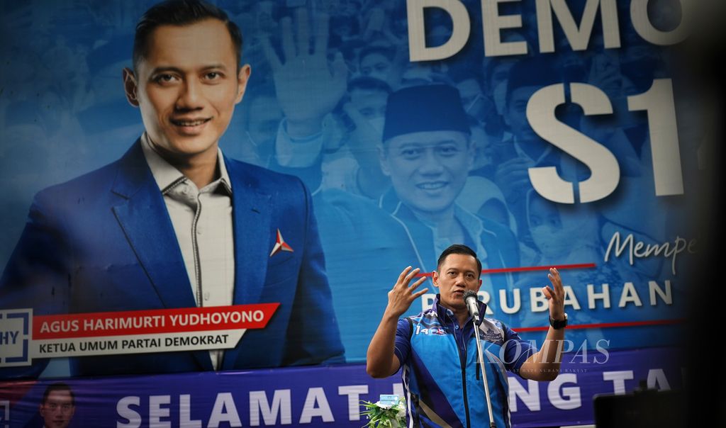 Ketua Umum Partai Demokrat Agus Harimurti Yudhoyono saat menyampaikan pidatonya di Acara Syukuran Hari Ulang Tahun ke-22 Partai Demokrat di Kantor DPP Partai Demokrat, Jakarta, Sabtu (9/9/2023). 