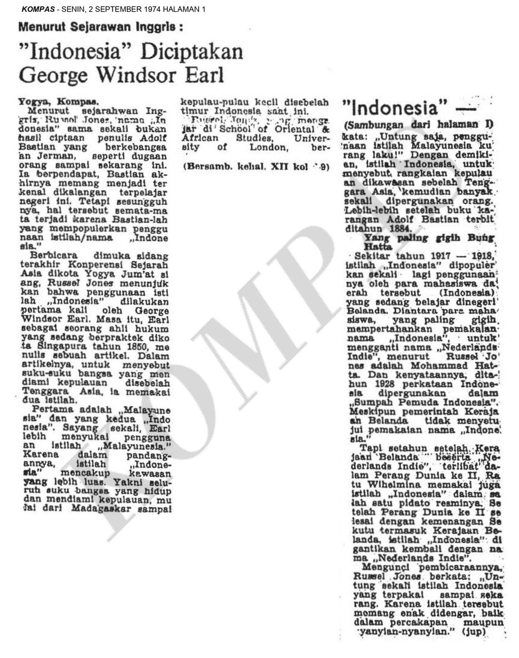 Pemberitaan di Kompas 2 September 1974 tentang asal-usul nama Indonesia yang diciptakan oleh George Windsor Earl.