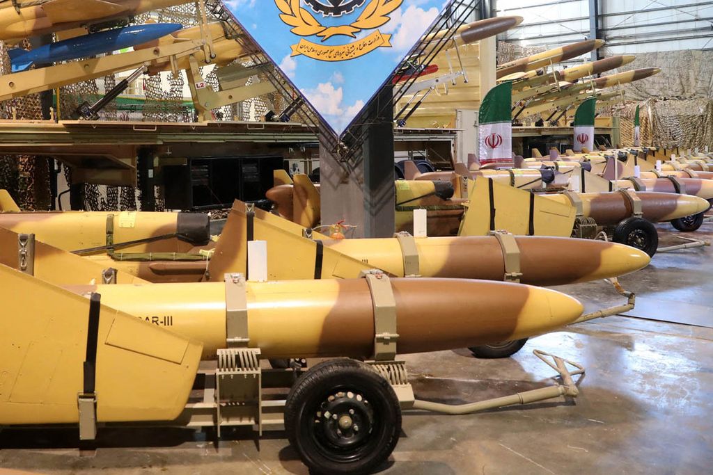 A number of Iranian-made drones were exhibited in Tehran, Iran, in January 2024.