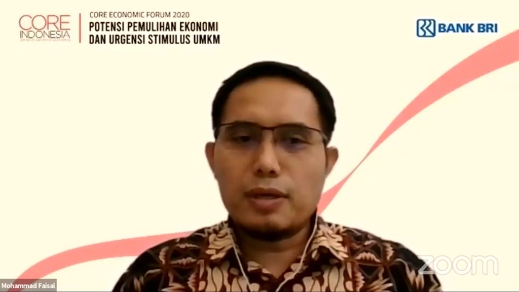 Tangkapan layar Direktur Eksekutif Center of Reform on Economics (CORE) Indonesia Mohammad Faisal pada CORE Economic Forum 2020 bertajuk Potensi Pemulihan Ekonomi dan Urgensi Stimulus UMKM, 17 September 2020.