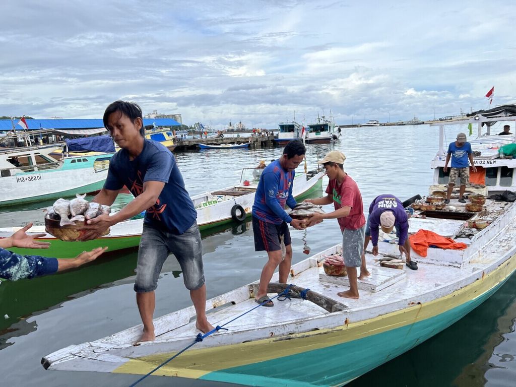 Pekerja memindahkan ikan secara estafet dari kapal ke pelataran PPI Paotere, Makassar, Rabu (12/1/2022). Setiap hari dua kali ikan didaratkan di pelabuhan ikan terbesar di Makassar ini.