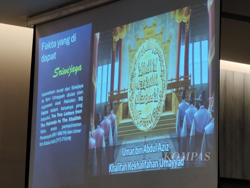 The explanation that describes the letter from the ruler of the Srivijaya Kingdom to the leader of the Umayyad Caliphate in the Middle East was presented during the Coordination Meeting for the Preparation of Maritime History Archives Search and Rescue in Sriwijaya in Palembang, South Sumatra, on Wednesday (May 22, 2024).