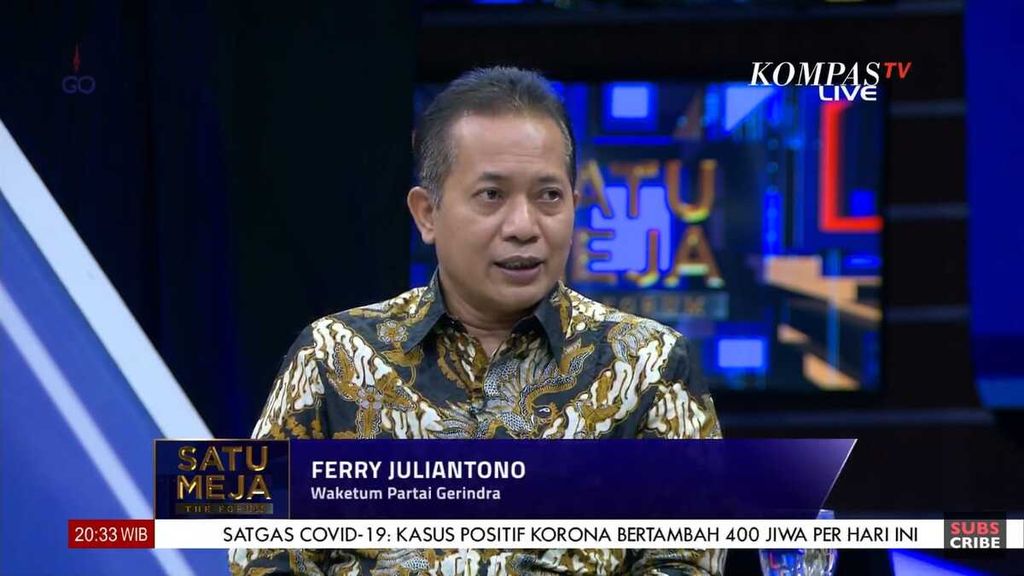 Wakil Ketua Umum Partai Gerindra Ferry Juliantono pada acara Satu Meja The Forum bertajuk Silaturahmi Politik dan Arah Koalisi yang disiarkan Kompas TV, Rabu (11/5/2022) malam.