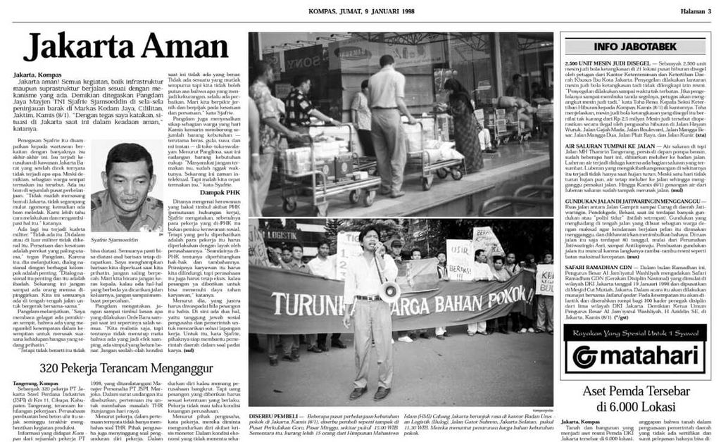 Arsip pemberitaan <i>Kompas</i>, Jumat (8/1/1998), yang memuat tentang <i>panic buying</i> masyarakat berbelanja berbagai kebutuhan pokok, termasuk minyak goreng di swalayan.