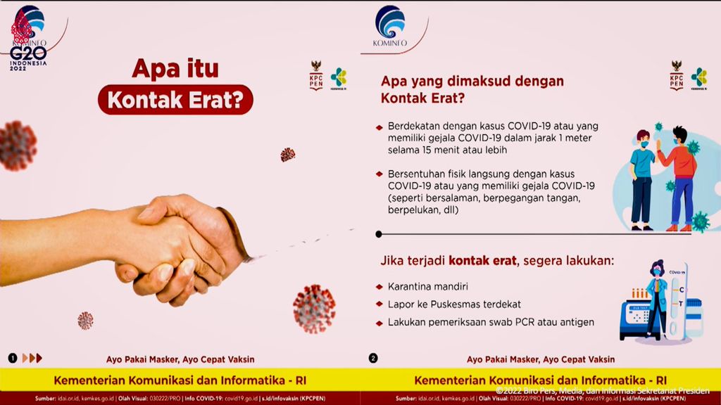 Paparan mengenai kontak erat Covid-19 yang disampaikan Juru Bicara Pemerintah dan Duta Adaptasi Kebiasaan Baru Reisa Broto Asmoro dalam keterangan persnya di Kantor Presiden, Jakarta, Rabu (9/2/2022).
