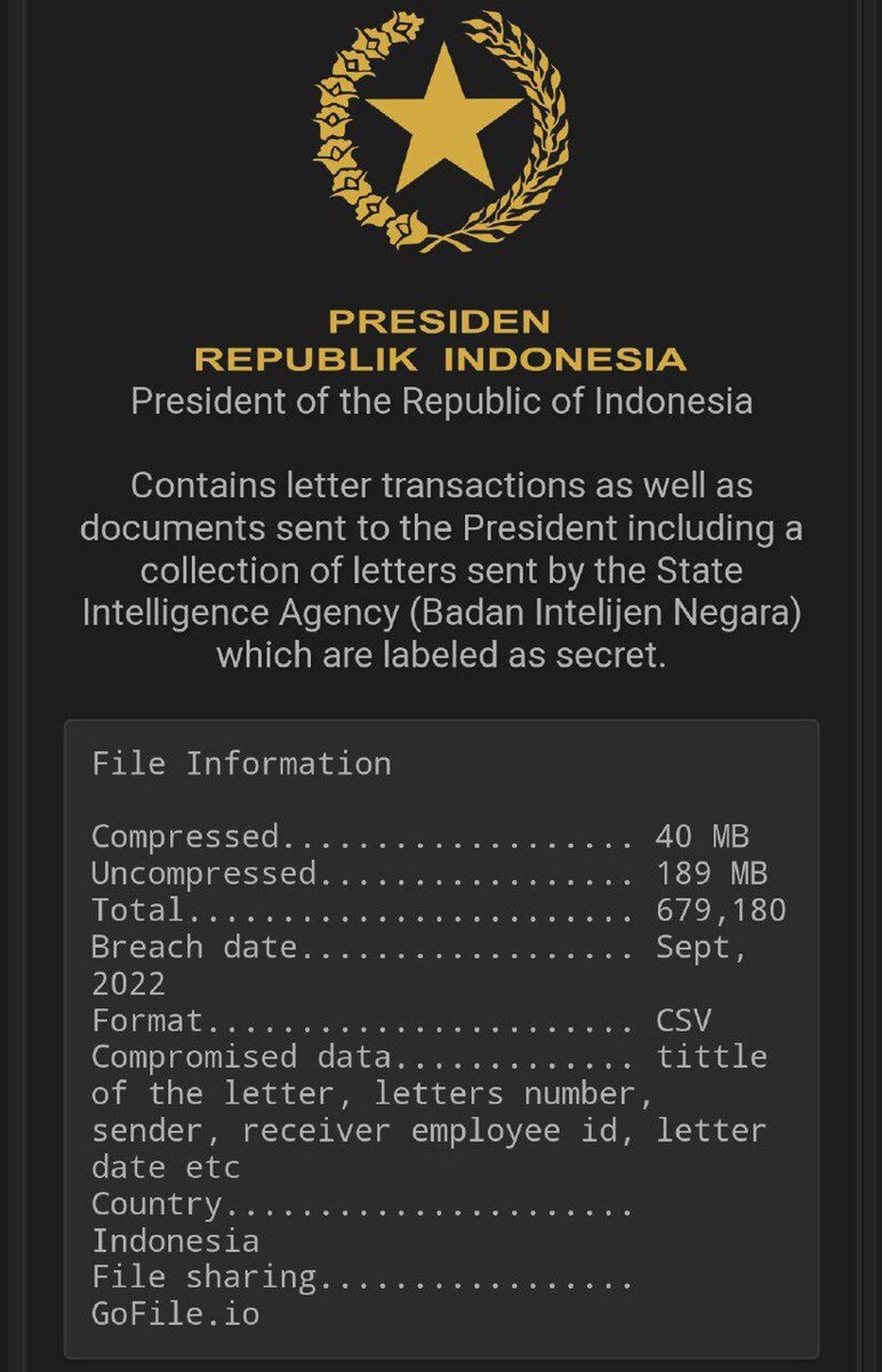 Tampilan layar yang menunjukkan peretas dengan nama Bjorka membuka data catatan keluar masuk (log) surat rahasia milik Presiden Joko Widodo. Dia mengunggah data tersebut di situs Breached.to, Jum'at (9/9/2022) malam.