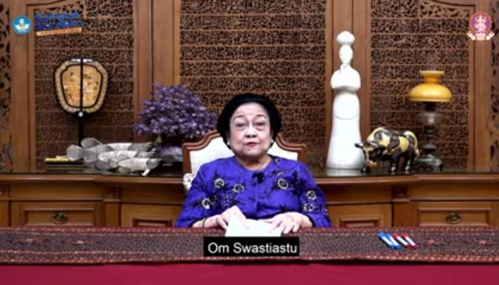 Tangkapan layar dari tayangan video Presiden Ke-5 RI Megawati Soekarnoputri memberikan orasi ilmiah serangkaian penganugerahan Bali Bhuwana Mahottama Nugraha dari ISI Denpasar, Kamis (28/7/2022).