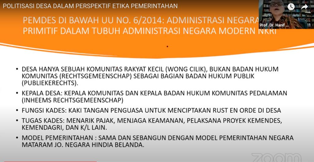 Guru Besar Universitas Terbuka Prof Dr Hanif Nurcholis memberi paparan dalam diskusi daring Politisasi Desa dalam Perspektif Etika Pemerintahan, yang digelar Masyarakat Ilmu Pemerintahan Indonesia, Sabtu (9/4/2022).