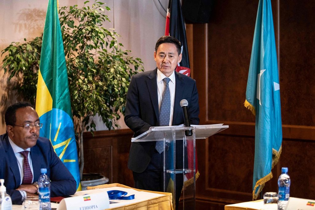 Xue Bing (berdiri), Utusan Khusus China untuk Tanduk Afrika, berpidato di sebelah Redwan Hussein, Penasihat Keamanan Nasional bagi Perdana Menteri Ethiopia, pada konferensi perdamaian Tanduk Afrika di Addis Ababa, Ethiopia, Senin (20/6/2022). 
