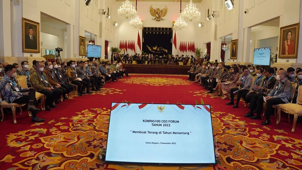Sejumlah pemimpin perusahaan terkemuka hadir dalam Kompas100 CEO Forum powered by East Ventures di Istana Negara, Jakarta, Jumat (2/12/2022). 