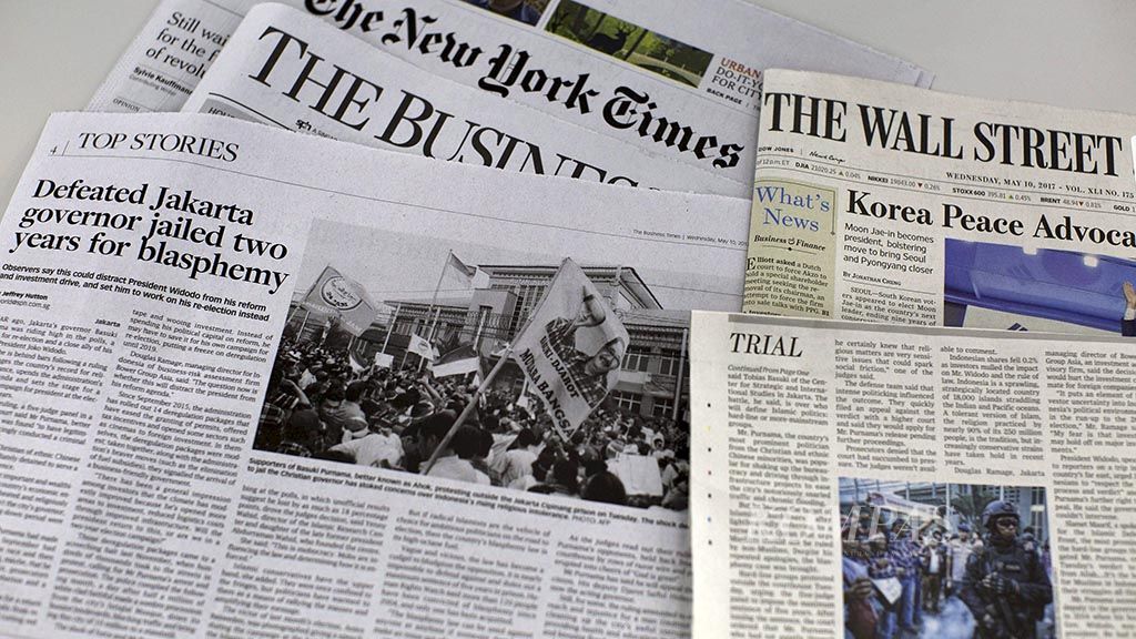 Berita vonis 2 tahun penjara terhadap Gubernur Jakarta (nonaktif) Basuki Tjahaja Purnama dimuat media asing pada Rabu (10/5), antara lain The Wall Street Journal dan The Business Times, yang digabung   dengan The New York Times.