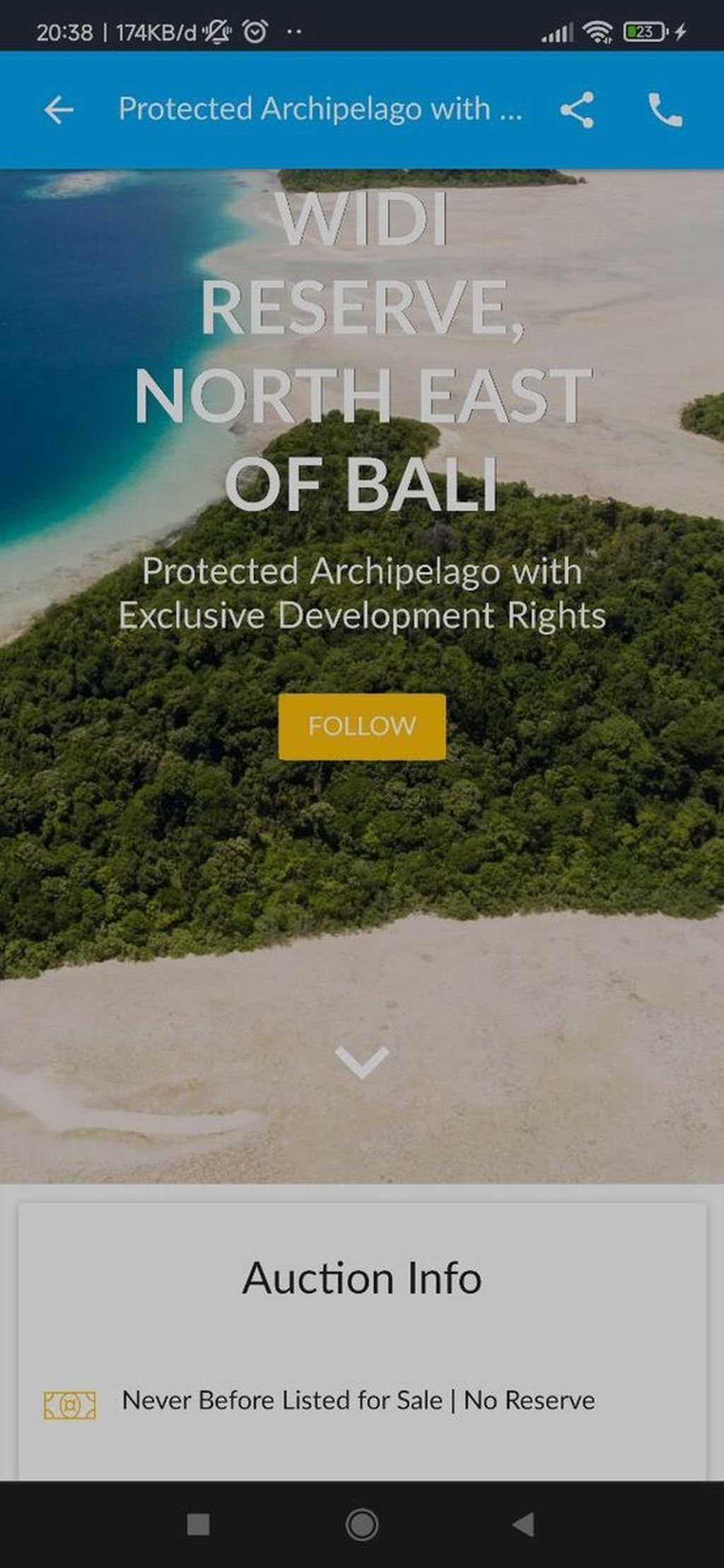 Tangkapan layar situs daring www.casothebys.com mengiklankan lelang penjualan Kepulauan Widi yang berada di timur laut Bali. Kepulauan Widi adalah gugusan pulau yang merupakan area konservasi hutan dan laut yang dilindungi. 