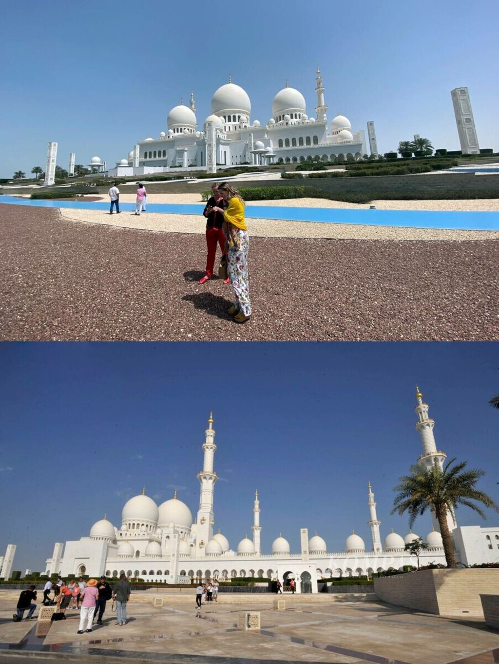 Turis asing berfoto di depan Masjid Agung Sheikh Zayed di Abu Dhabi, Uni Emirat Arab, 20 Maret 2020 (atas). Rombongan turis asing berwisata di depan Masjid Agung Sheikh Zayed, 9 Januari 2013 (bawah). 