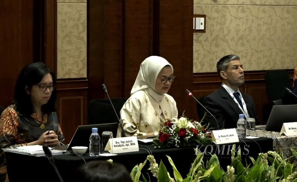 Kepala Badan Pengawas Obat dan Makanan (BPOM) Penny Kusumastuti Lukito (tengah) dan Direktur Departemen Pengembangan Sistem Kesehatan WHO-SEARO Manoj Jhalani dalam pertemuan Majelis Anggota SEARN di Jakarta, Rabu (26/7/2023).