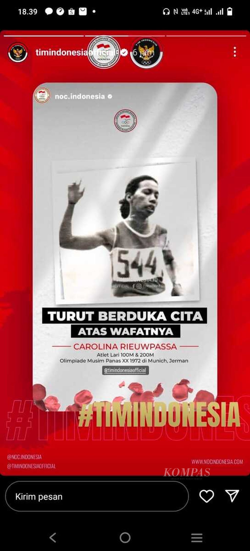 Tangkapan layar Instagram tim Indonesia mengenai wafatnya mantan pelari putri Indonesia, Carolina Rieuwpassa, Kamis (16/3/2023). 