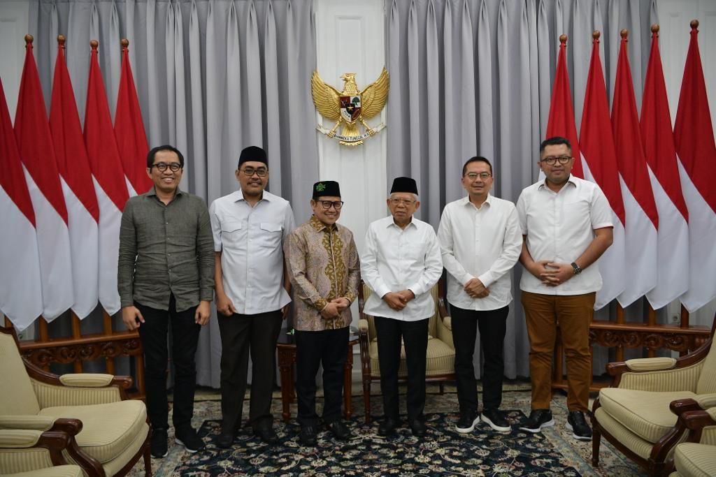 Ketua Umum PKB Muhaimin Iskandar dan fungsionaris DPP PKB bersilaturahmi dengan Wapres Ma'ruf Amin di kediaman resmi Wapres, Jakarta, Senin (15/5/2023).