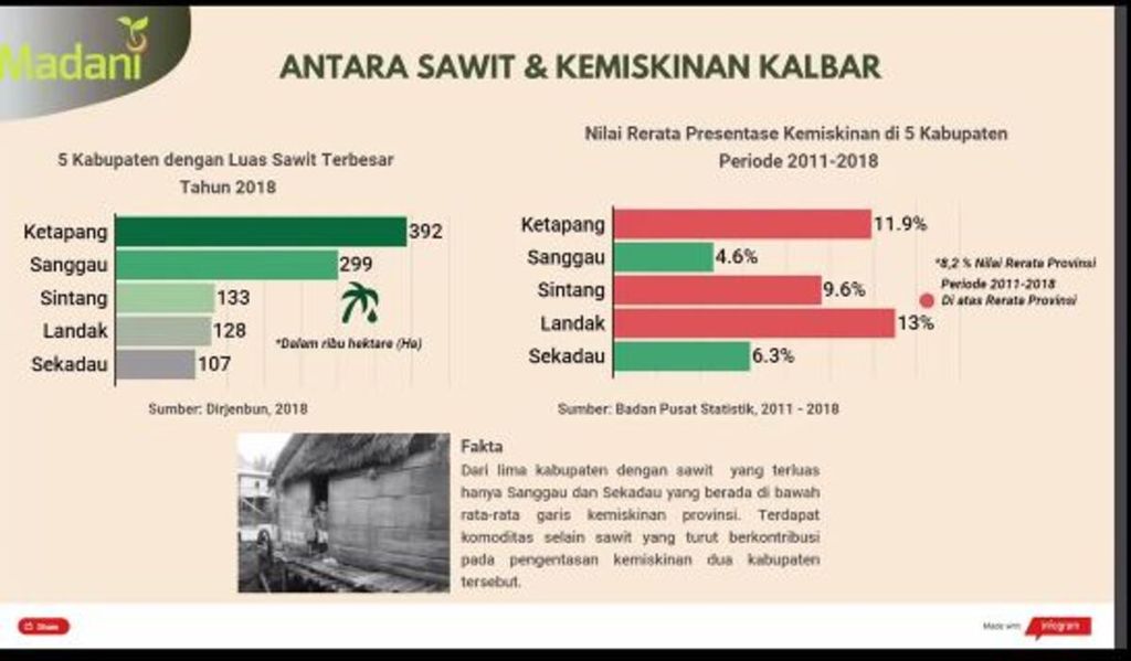Comparison data on the extent of oil palm plantations and poverty in five major districts in West Kalimantan. The source is the Sustainable Civil Society Foundation, dated April 8, 2020, presented during a virtual discussion.