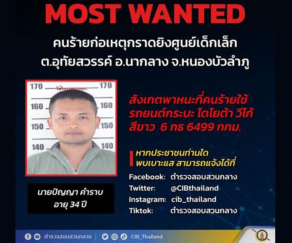 Foto yang diambil dari laman Facebook Biro Investigasi Pusat Thailand memperlihatkan foto Panya Khamrab, mantan polisi yang menjadi pelaku serangan bersenjata di sebuah tempat penitipan anak di Uthai Sawan. 