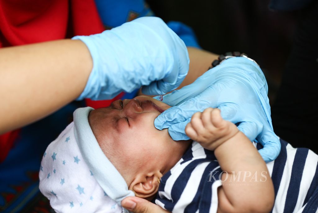 Petugas kesehatan mengimunisasi bayi di Posyandu Bougenvile, Larangan Selatan, Kota Tangerang, Banten, Sabtu (11/1/2020).