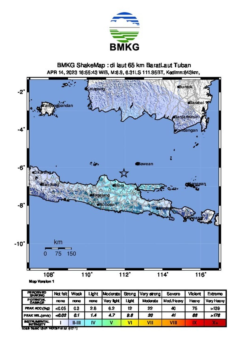 Gempa M 6,9 berpusat di Laut Jawa, sekitar 65 kilometer barat laut Kota Tuban, Jawa Timur, pada Jumat (14/4/2023).
