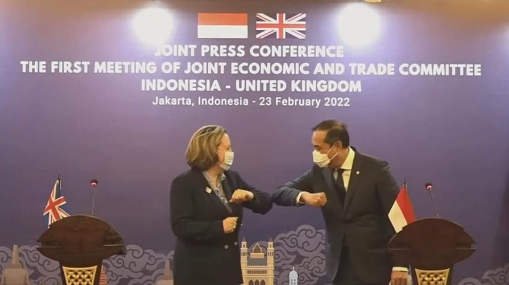 Tangkapan layar Menteri Perdagangan Inggris Anne-Marie Trevelyan bersama Menteri Perdagangan RI Muhammad Lutfi  saat menyampaikan keterangan pers tentang peningkatan kerja sama perdagangan Indonesia-Inggris yang digelar secara virtual di Jakarta, Rabu (23/2/2022).
