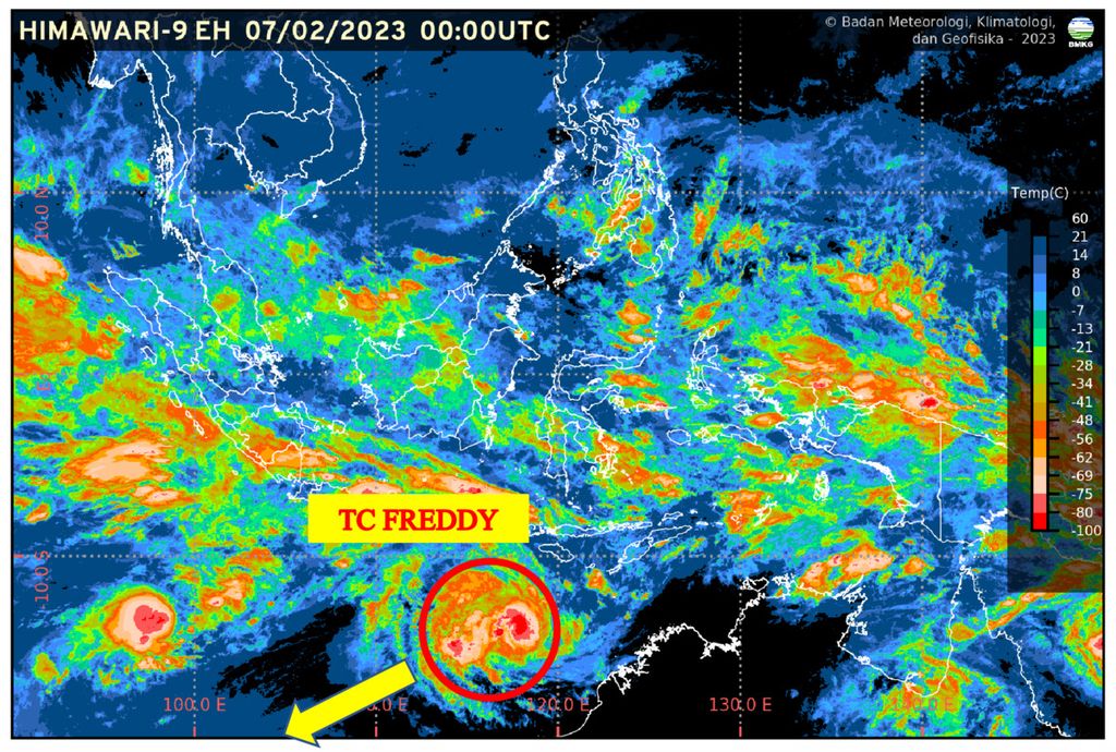 Posisi siklon tropis Freddy yang terbentuk di sebelah selatan Nusa Tenggara Barat, Selasa (7/2/2023). Sumber: BMKG