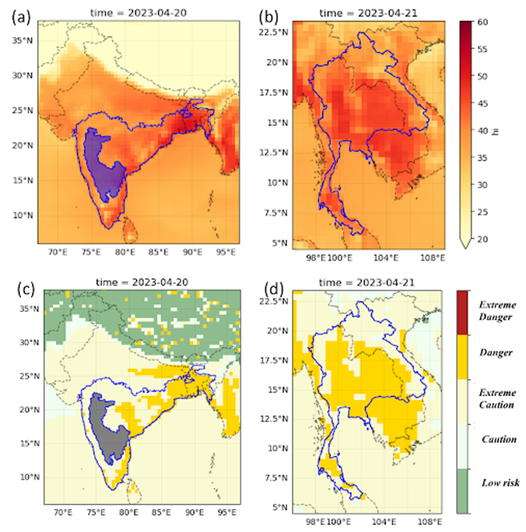 Gambar 1: (a) Indeks panas dalam ℃ menunjukkan maksimum harian rata-rata empat hari selama 17-20 April 2023 untuk wilayah India-Bangladesh (disorot dengan warna biru). Wilayah kering, semi-kering, di sepanjang bayangan hujan Ghats Barat di India, seperti yang ditunjukkan oleh poligon yang terisi dikecualikan dari analisis karena dampak yang ditentukan oleh kombinasi kelembaban tinggi dan suhu tinggi tidak relevan di sini. (b) Rata-rata indeks panas harian maksimum selama empat hari selama 18-21 April 2023 di wilayah PDR Thailand-Laos (disorot dengan warna biru). (c) Peta klasifikasi dampak panas berdasarkan HI, untuk HI maksimum harian rata-rata empat hari periode 17-20 April 2023 untuk wilayah India-Bangladesh. (d) Peta klasifikasi dampak panas berdasarkan HI, untuk HI maksimum harian rata-rata empat hari untuk periode 18-21 April 2023 di wilayah PDR Thailand-Laos. Sumber: worldweatherattribution.org