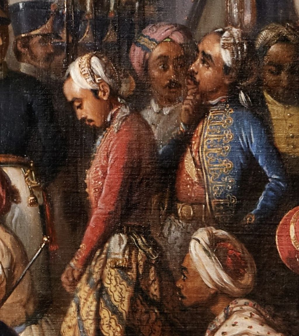 Sosok Raden Saleh (berbaju merah) dalam lukisan Penangkapan Pangeran Diponegorokarya Raden Saleh.