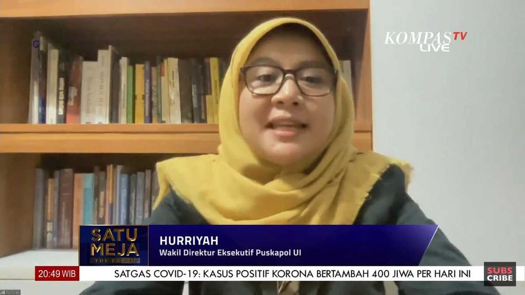 Wakil Direktur Eksekutif Pusat Kajian Politik Universitas Indonesia (Puskapol UI) Hurriyah pada acara Satu Meja The Forum bertajuk Silaturahmi Politik dan Arah Koalisi yang disiarkan Kompas TV, Rabu (11/5/2022) malam.
