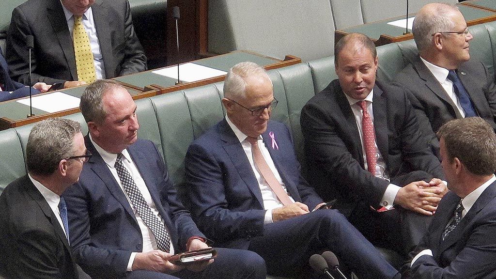 Wakil Perdana Menteri   Australia  Barnaby Joyce (kedua dari kiri), Kamis (15/2), duduk bersama para koleganya, termasuk PM Malcolm Turnbull (tengah), dalam sebuah sidang di Parlemen Australia di Canberra, Australia.