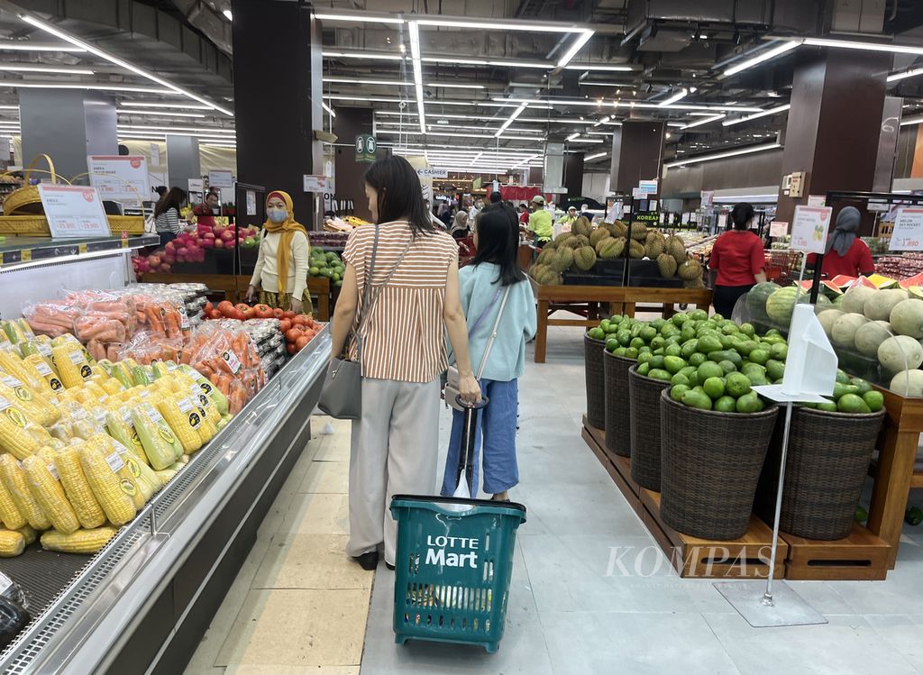 Pengunjung berbelanja bahan makanan di salah satu supermarket ritel di sebuah pusat perbelanjaan di kawasan Kebayoran Lama, Jakarta Selatan, Minggu (17/12/2023). Libur Natal 2023 dan Tahun Baru 2024 menjadi momentum bagi pengusaha ritel untuk meningkatkan penjualan karena konsumsi masyarakat yang meningkat.